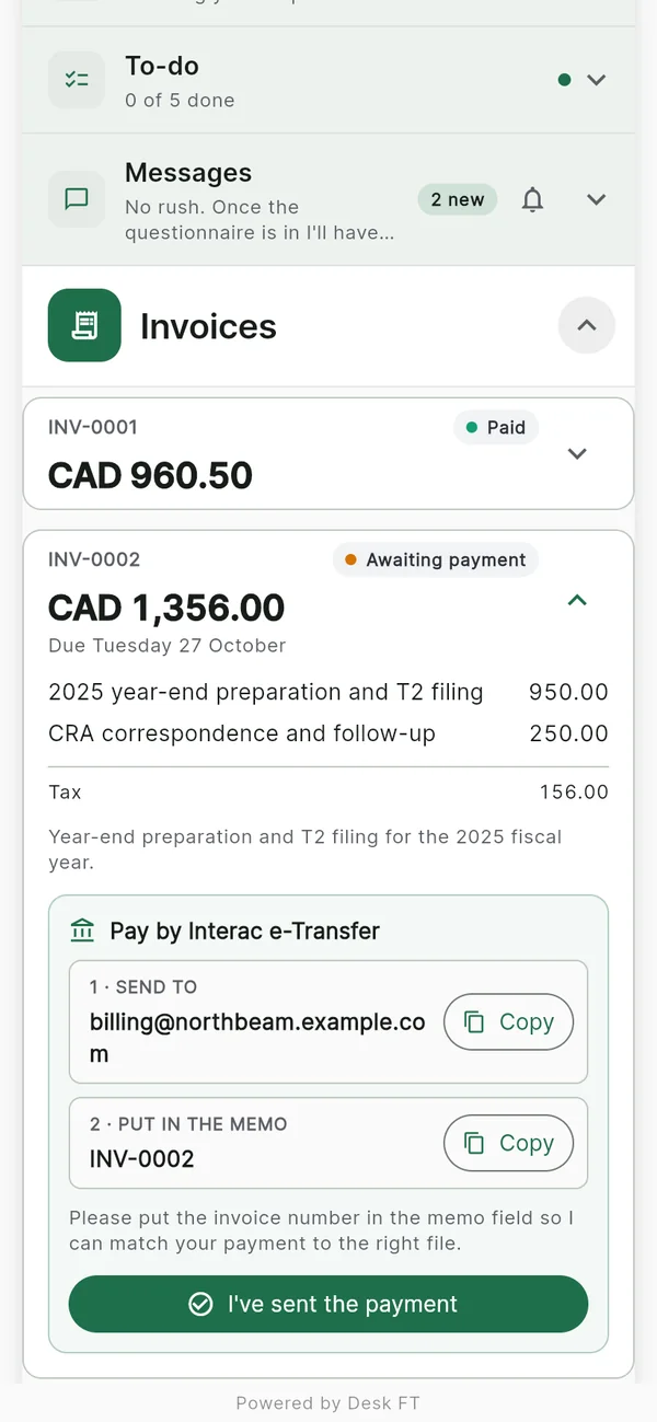 An invoice with Interac e-Transfer payment steps